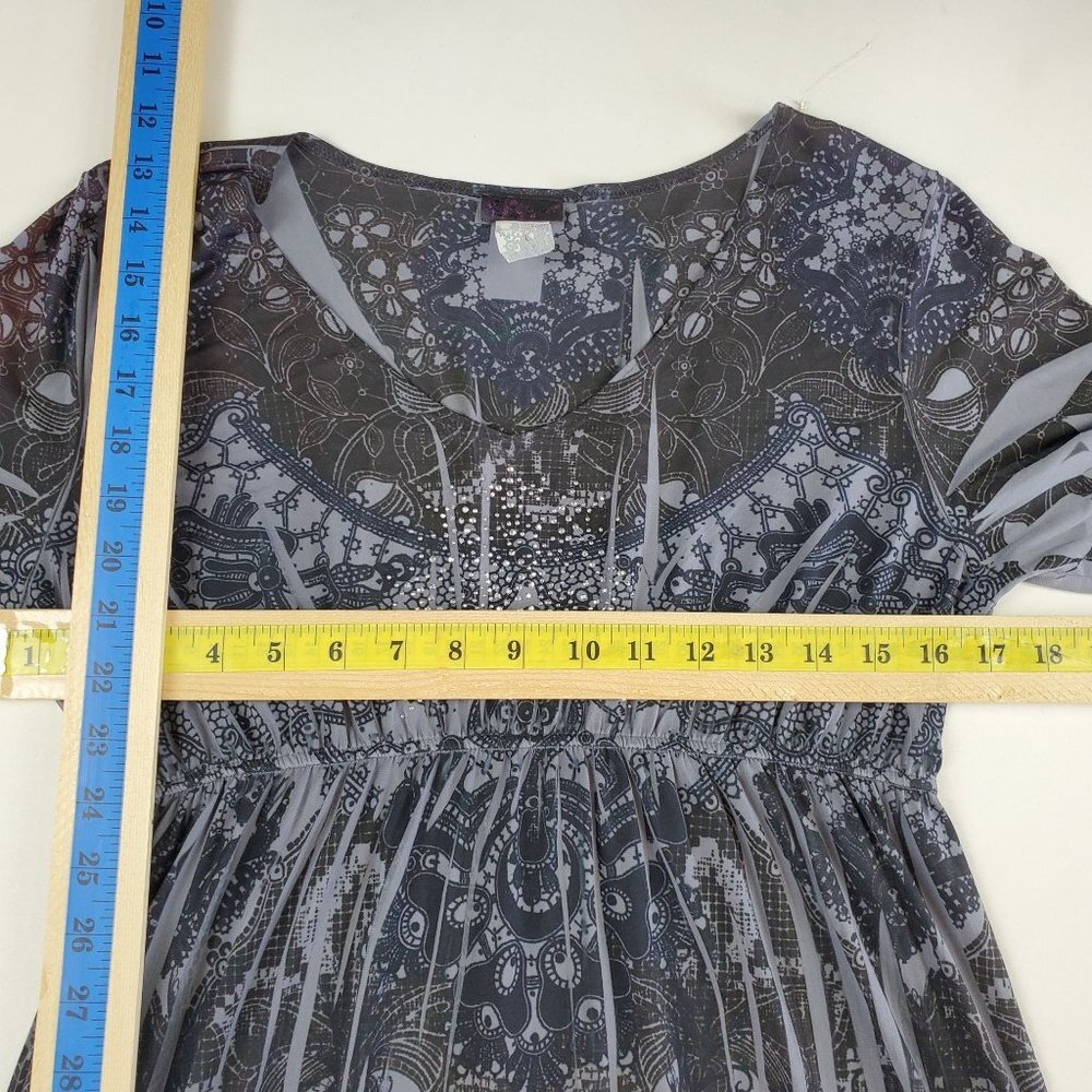 Vintage Womens Multi-Print Boho Dress Size L Gray Short Sleeve V-Neck Agenda - Picture 8 of 8